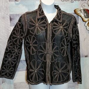 Stonebridge Signature L Black White Floral Weave ZipUp Sheer Cardigan Blouse 524